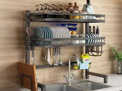 Practical Kitchen Wall Mounted Rack With Dishes Utensils Wine Glasses And Storage Jars 3d model
