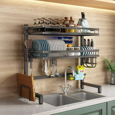 Practical Kitchen Wall Mounted Rack With Dishes Utensils Wine Glasses And Storage Jars 3d model