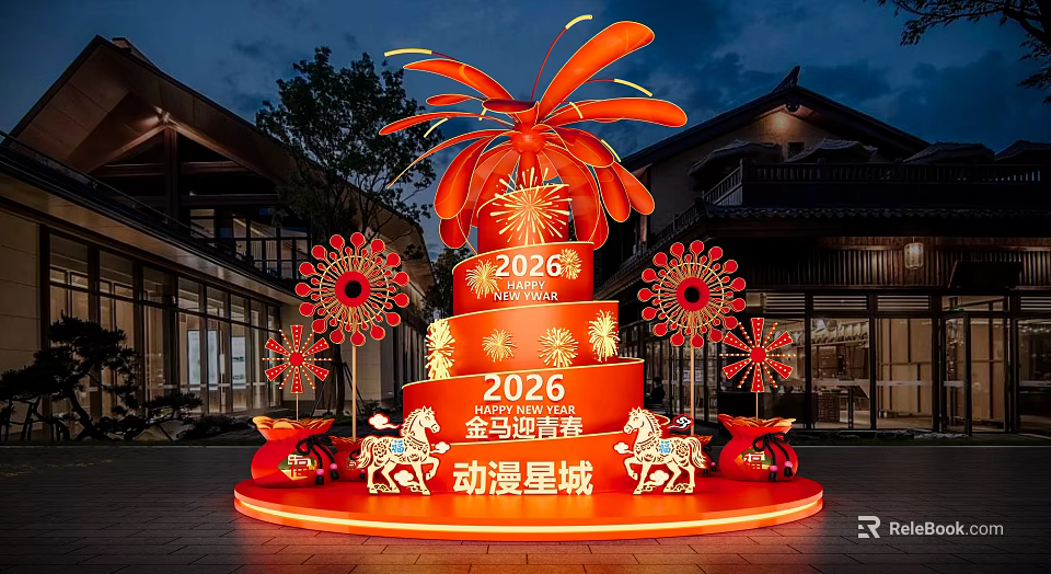 Red Multi Tiered 2026 Art Installation With Golden Horse Spring Celebration And Firework Decorations 3d model 