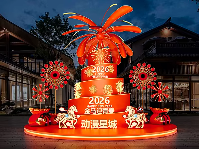 Red Multi Tiered 2026 Art Installation With Golden Horse Spring Celebration And Firework Decorations 3d model
