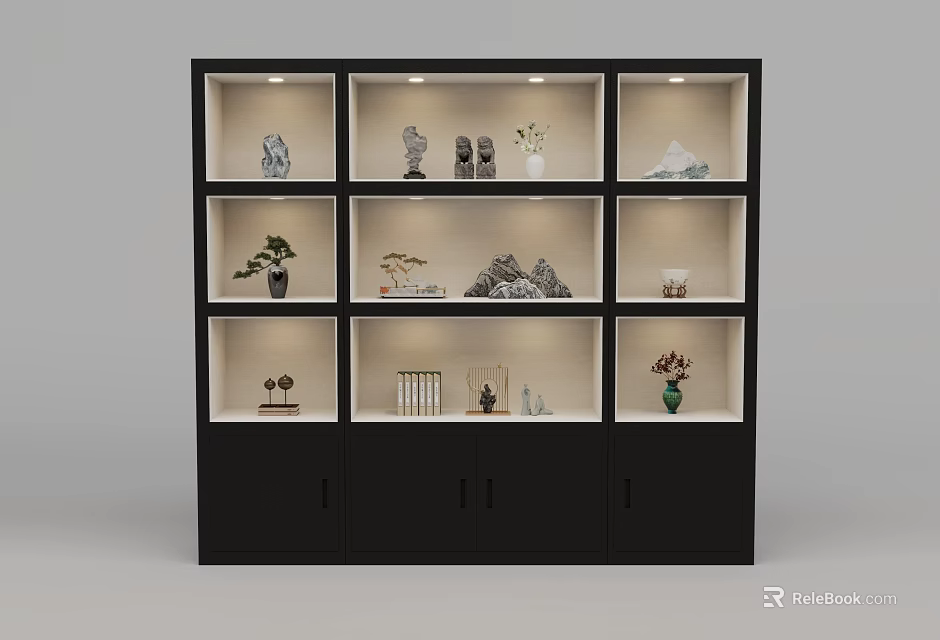 Black Display Cabinet With Multiple Compartments Holding Decorative Items Vases And Small Plants 3d model 