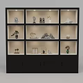Black Display Cabinet With Multiple Compartments Holding Decorative Items Vases And Small Plants