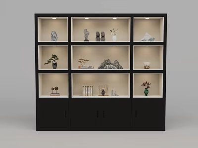 Black Display Cabinet With Multiple Compartments Holding Decorative Items Vases And Small Plants 3d model