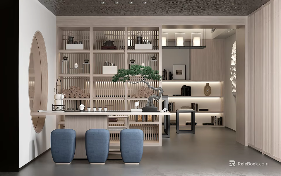 Serene Tea Room Interior With Wooden Display Shelves Tea Sets Bonsai Plant And Blue Chairs 3d model 