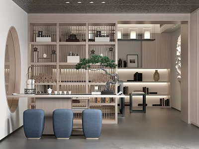 Serene Tea Room Interior With Wooden Display Shelves Tea Sets Bonsai Plant And Blue Chairs 3d model
