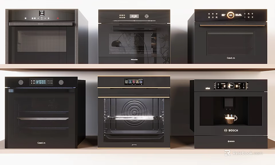Modern Black Household Appliances With Oven Coffee Maker And Gold Accent Features 3d model 