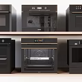 Modern Black Household Appliances With Oven Coffee Maker And Gold Accent Features