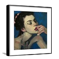 Portrait Painting of a Woman with Closed Eyes Hand Near Lips Adorned Hair Blue Background
