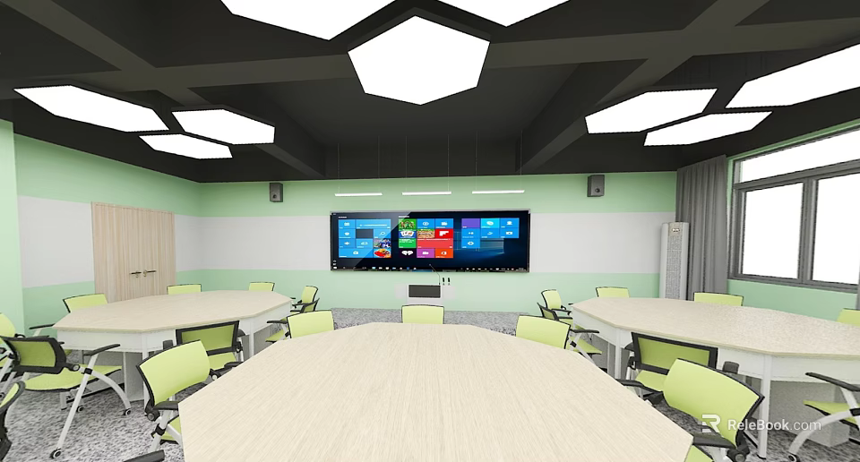 School Modern Classroom Featuring Large Interactive Screen Round Tables Green Chairs And Hexagonal Lights 3d model