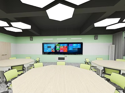 School Modern Classroom Featuring Large Interactive Screen Round Tables Green Chairs And Hexagonal Lights 3d model