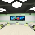 School Modern Classroom Featuring Large Interactive Screen Round Tables Green Chairs And Hexagonal Lights 3d model
