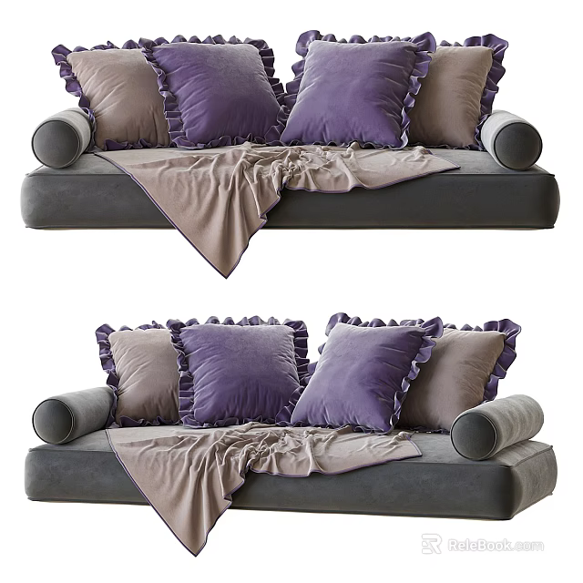 Gray Sectional Sofa With Ruffled Purple And Brown Pillows And Soft Blanket 3d model 