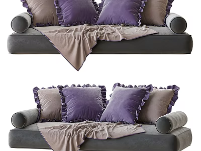 Gray Sectional Sofa With Ruffled Purple And Brown Pillows And Soft Blanket 3d model