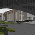 Modern Sales Office Building With Glass Curtain Walls Curved Wooden Roof And Landscaped Gardens