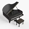 Black Grand Piano With Ornate Carving And Matching Wooden Stool For Musical Instrument