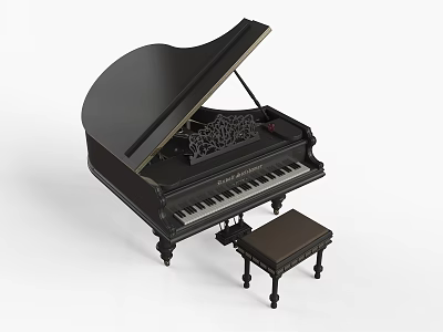 Black Grand Piano With Ornate Carving And Matching Wooden Stool For Musical Instrument 3d model
