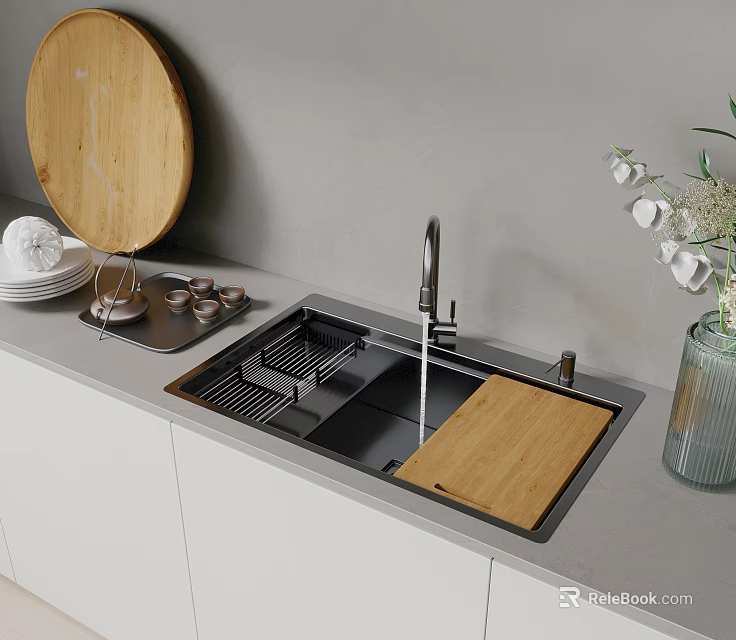 Stainless Steel Kitchen Sink with Wooden Cutting Board Faucet and Light Grey Countertop 3d model 