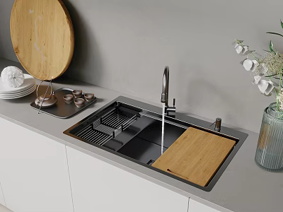 Stainless Steel Kitchen Sink with Wooden Cutting Board Faucet and Light Grey Countertop 3d model