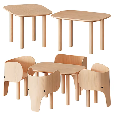 Wooden Kids Table With Cute Animal Shaped Chairs For Children Playroom 3d model