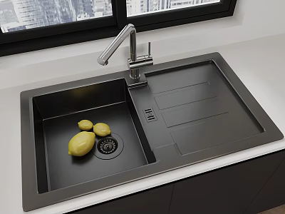 Black Kitchen Sink With Lemon And Silver Faucet By Window In Kitchen 3d model