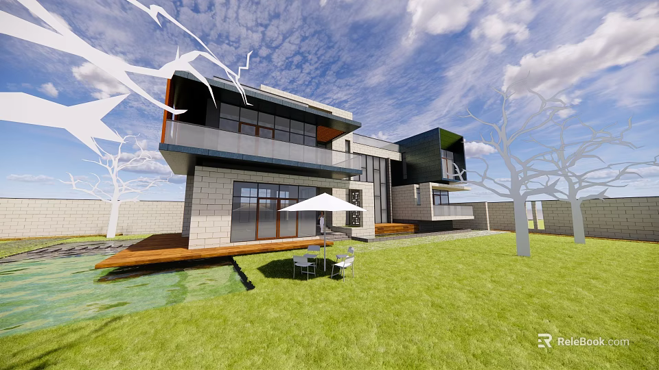 Modern Detached Villa Featuring Glass Facade Open Terrace Lawn And Outdoor Seating Area 3d model 