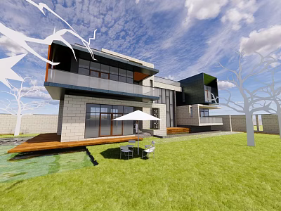 Modern Detached Villa Featuring Glass Facade Open Terrace Lawn And Outdoor Seating Area 3d model