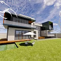 Modern Detached Villa Featuring Glass Facade Open Terrace Lawn And Outdoor Seating Area