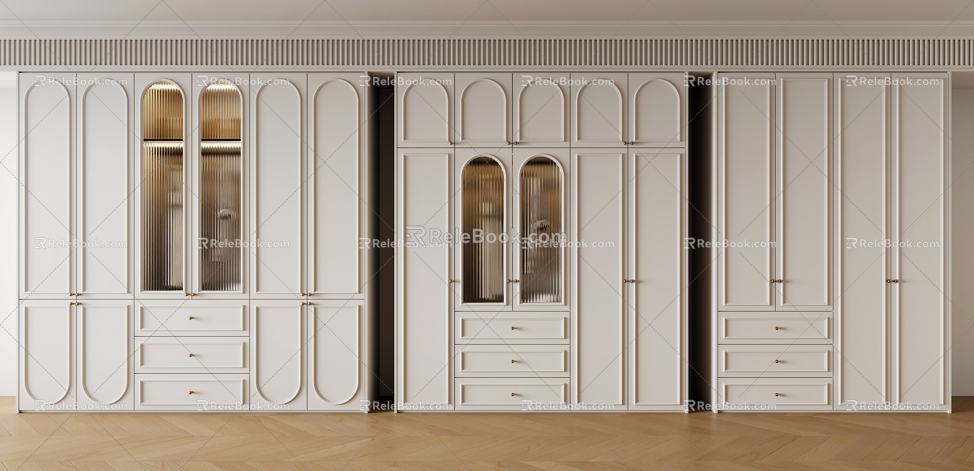 French Cream Style Bedroom Wardrobe Glass Door Wardrobe Locker 3d model