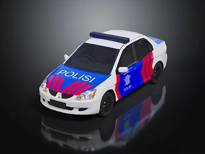 White Police Car With Blue Red Stripes And Roof Lights POLIS Logo 3d model