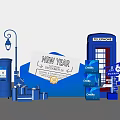 Blue Themed New Year Photo Spot With Telephone Booth Postbox Lamp Post And Gift Boxes