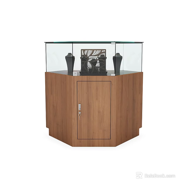Jewelry Display Case with Glass Top and Wooden Cabinet Featuring Black Mannequins and Decorative Object 3d model 