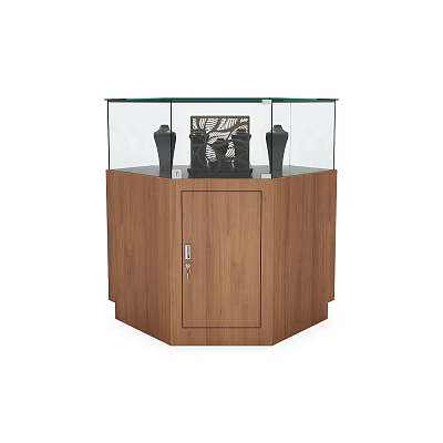 Jewelry Display Case with Glass Top and Wooden Cabinet Featuring Black Mannequins and Decorative Object 3d model