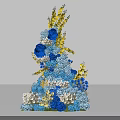 Floral Display Design With Blue Yellow And White Flowers In Tower Shape