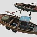 Vintage Wooden Boats With Blue Brown Red Hulls Canvas Covers Oars And Life Rings