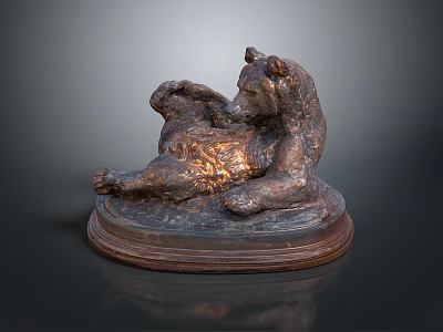 Handcrafted Bronze Bear Sculpture Lying On Wooden Base Decorative Piece 3d model