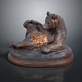 Handcrafted Bronze Bear Sculpture Lying On Wooden Base Decorative Piece