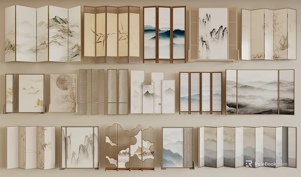 Traditional Chinese Screen With Landscape Bamboo And Wooden Frame Designs 3d model 