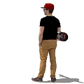 Stylish Man Wearing Red Purple Cap Black Skull T Shirt Khaki Pants And Holding Skateboard