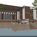Tranquil Garden Landscape With Thatched Roof Building Steps Water And Trees