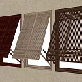 Three Different Colored Wooden Shutters Mounted On Beige Wall With Decorative Slats