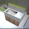 Outdoor washbasin with stone countertop faucet and wooden cabinet near green plants on tiled floor