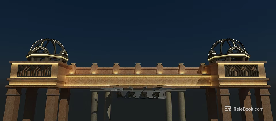 Traditional Chinese Entrance Gate With Decorative Columns And Illuminated Ornamental Top 3d model 