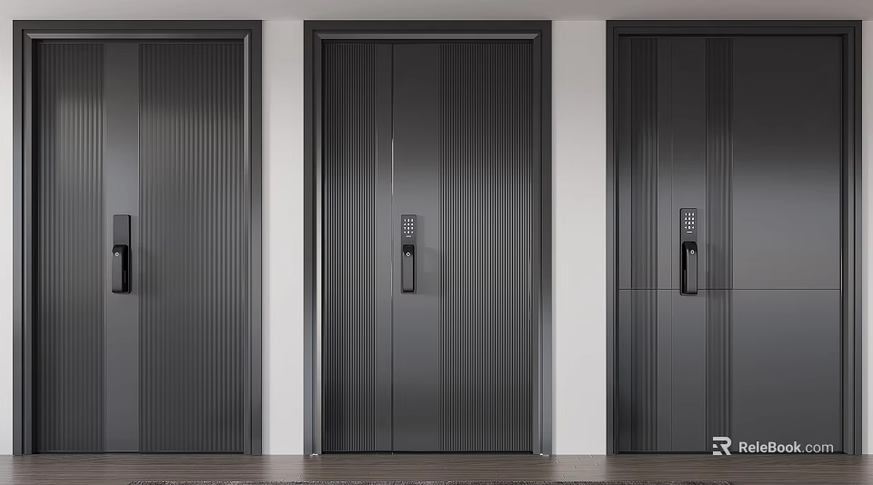 Modern Double Door Design With Vertical Stripes Dark Color And Security Lock 3d model
