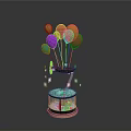 Colorful Balloons Attached To Floating Small Boat Over Glowing Blue Base
