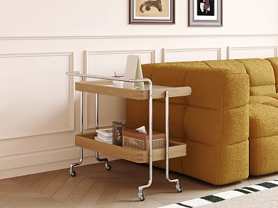 Yellow Sofa And Wooden Wheeled Coffee Table Combination With Storage Shelves In Cozy Living Room 3d model