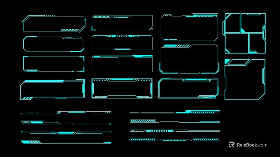 Neon Blue Geometric Frame Elements with Various Shapes for Tech Interface Design 3d model 