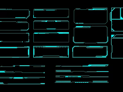 Neon Blue Geometric Frame Elements with Various Shapes for Tech Interface Design 3d model