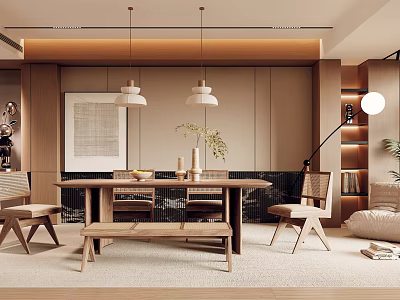 Modern Warm Toned Restaurant Interior With Wooden Dining Table Chairs Pendant Lights And Green Plant 3d model