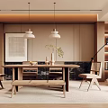Modern Warm Toned Restaurant Interior With Wooden Dining Table Chairs Pendant Lights And Green Plant