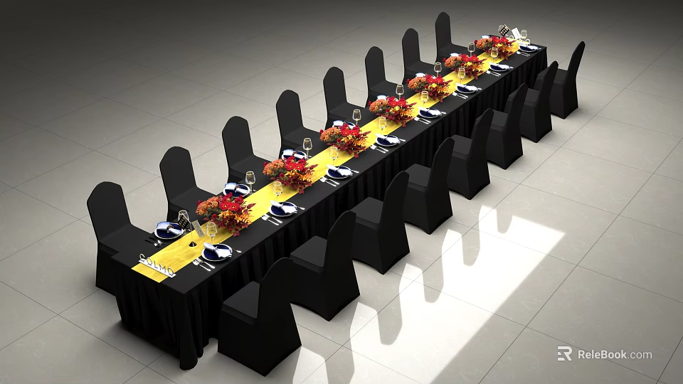 Banquet Table And Chair Set With Black Tablecloth Yellow Strip Red Flowers Wine Glasses 3d model 